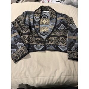 Flashback Aztec Tapestry Jacket Women M Vintage Cotton Blue Brown 90s Cropped